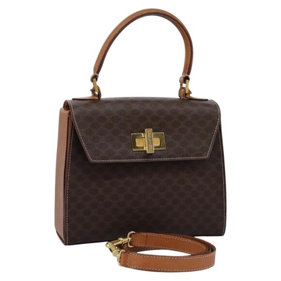 CELINE Macadam Canvas Hand Bag Pvc Leather Brown Gold - Picture 1 of 16